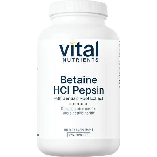Vital Nutrients Betaine HCL w/Pepsin & Gentian, 225 capsules, front of bottle