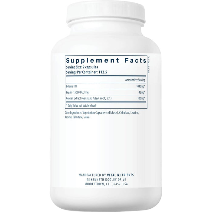Vital Nutrients Betaine HCL w/Pepsin & Gentian 225 capsules supplement facts label