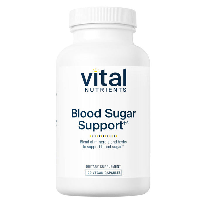 Supplement bottle labeled 'Blood Sugar Support' by Vital Nutrients on a white background