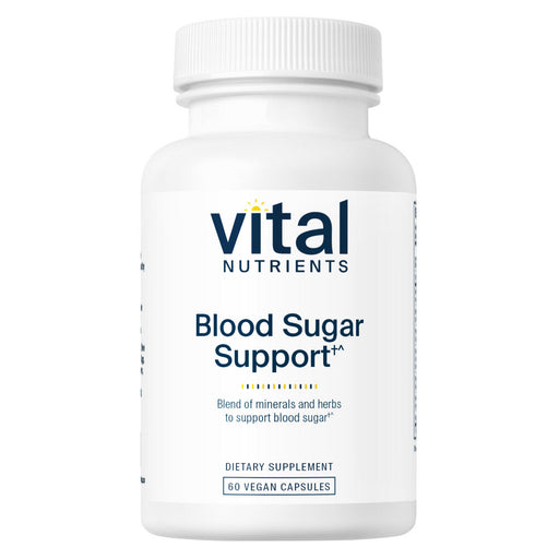 Supplement bottle labeled 'Vital Nutrients Blood Sugar Support' on a white background