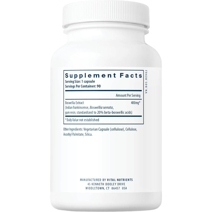 Vital Nutrients Boswellia Extract 400 mg 90 veg capsules supplement facts label