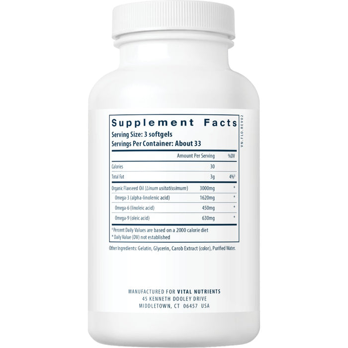 Vital Nutrients Flax Oil Caps 1000 mg 100 softgels supplement facts label
