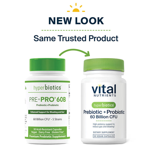 Vital Nutrients Hyperbiotics Prebiotic + Probiotic 60 Billion CFU new look, same trusted formula
