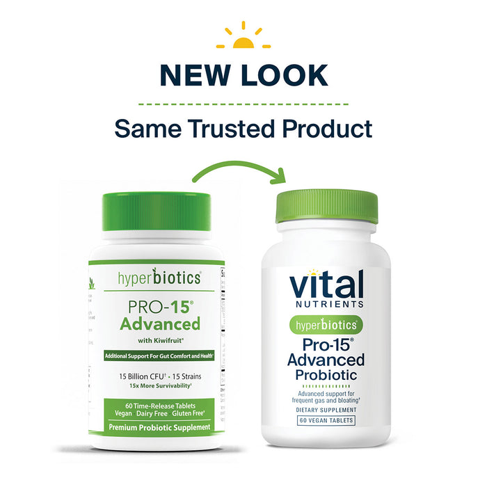 Vital Nutrients Hyperbiotics Pro-15 Advanced Probiotic new look, same trusted formula