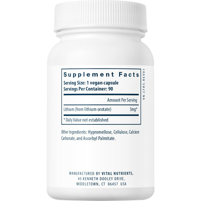 Vital Nutrients Lithium (orotate) 5 mg 90 capsules supplement facts label