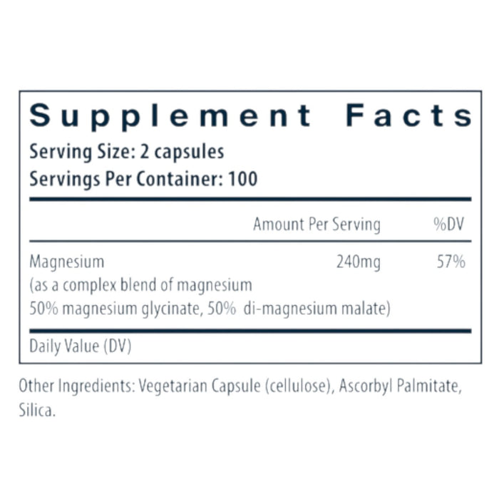 Vital Nutrients Magnesium Glycinate + Malate 200 capsules supplement facts label