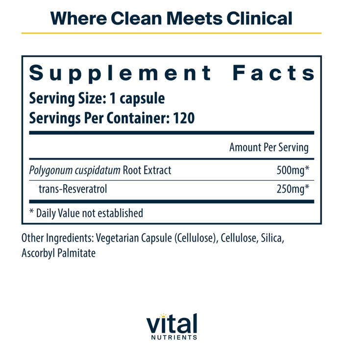 Vital Nutrients Resveratrol 500 mg 120 capsules supplement facts label