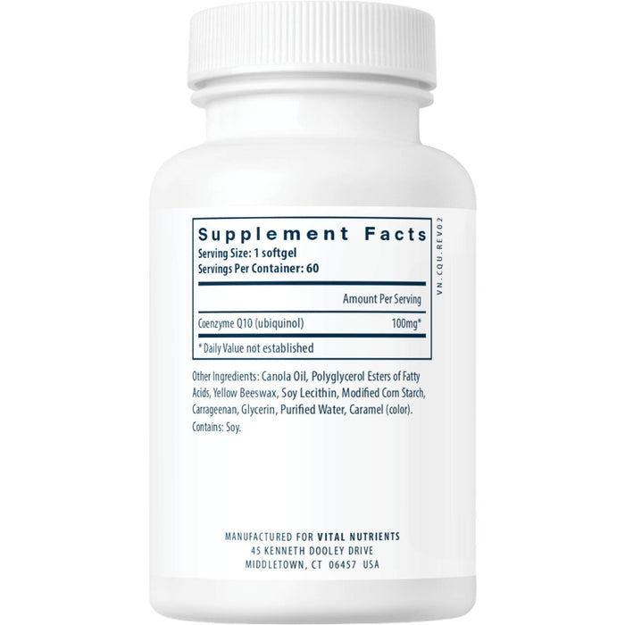 Vital Nutrients Ubiquinol CoQ10 100 mg 60 softgels supplement facts label