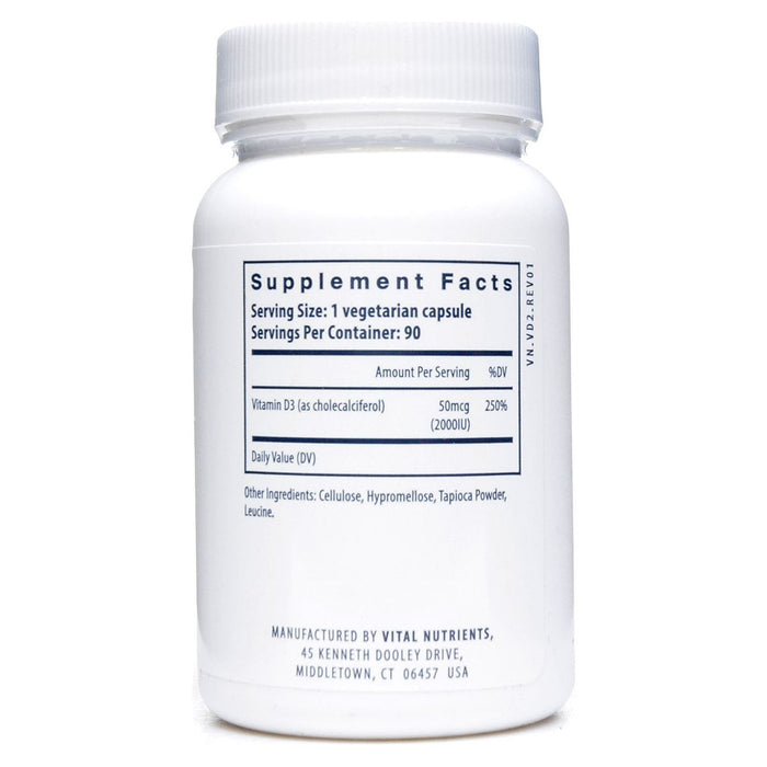 Vital Nutrients Vitamin D3 2000 IU 90 veg capsules supplement facts label