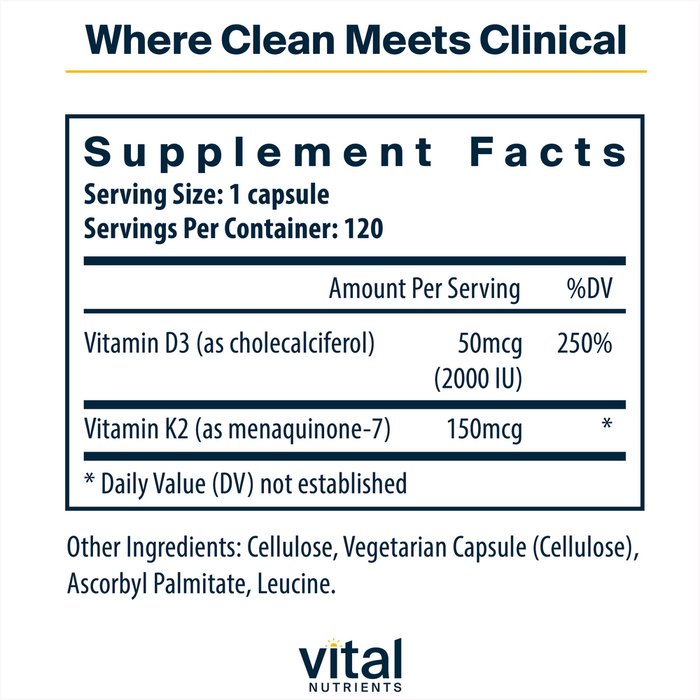 Vital Nutrients Vitamin D3 + K2 120 capsules supplement facts label