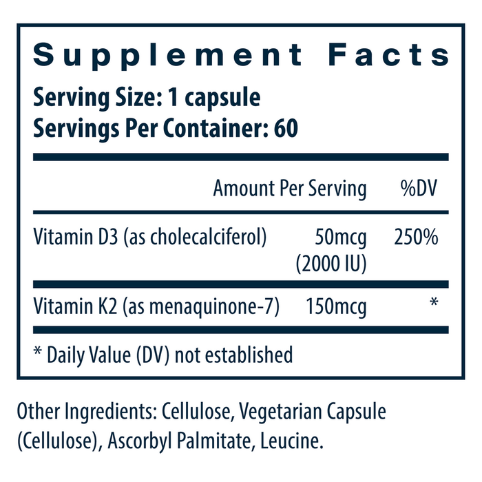 Vital Nutrients Vitamin D3 + K2 60 capsules supplement facts label