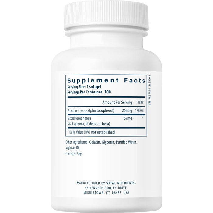 Vital Nutrients Vitamin E 400 IU (Mixed) 100 softgels supplement facts label