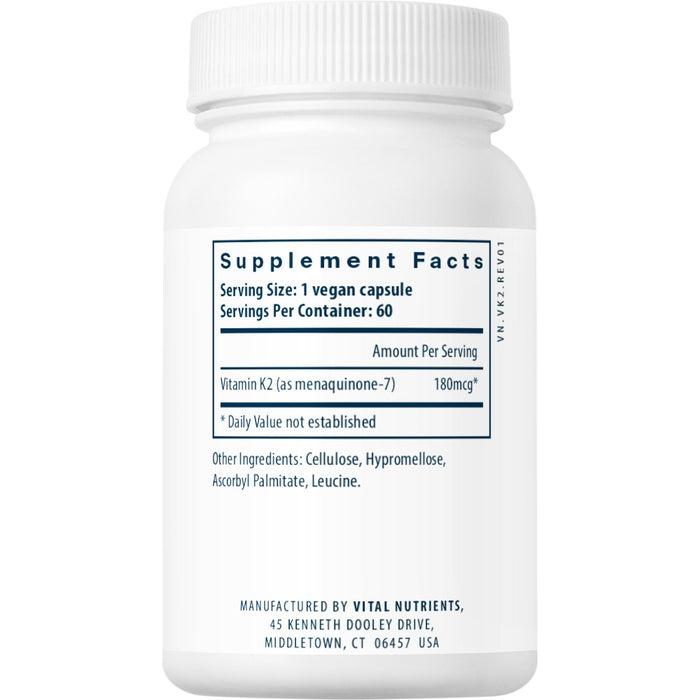 Vital Nutrients Vitamin K2-7 180 mcg 60 veg capsules supplement facts label