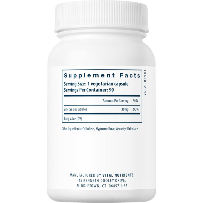 Vital Nutrients Zinc Citrate 30 mg 90 veg capsules supplement facts label