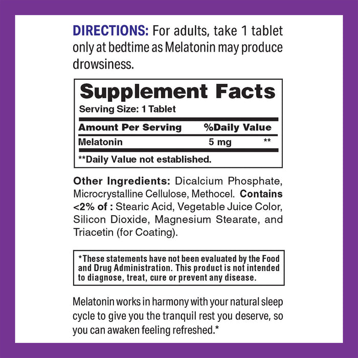 Vitamin World Bi-Layered Melatonin 5 mg 60 tablets supplement facts label