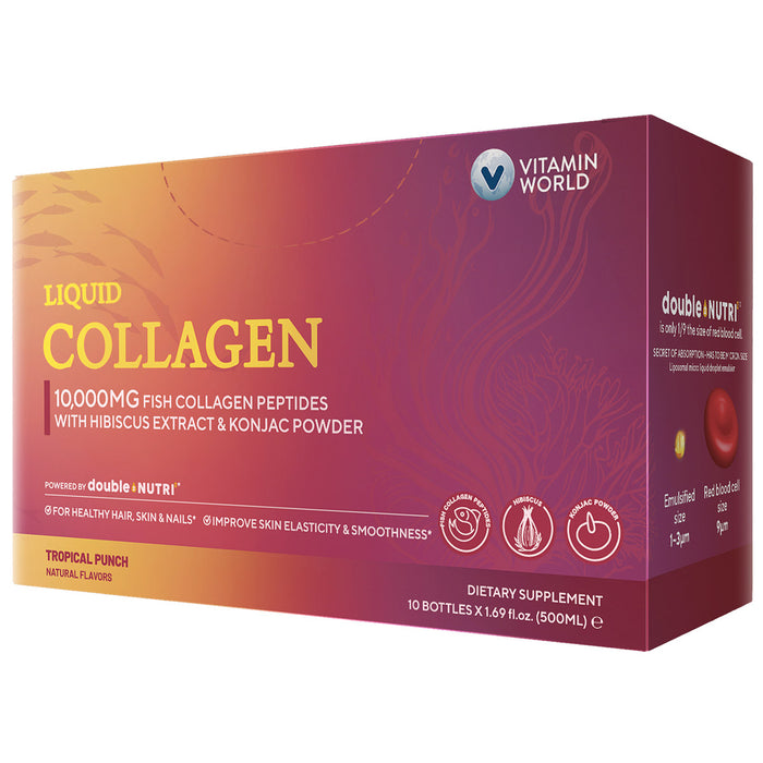 Vitamin World Crystal Clear Liquid Fish Collagen 10,000 mg, box, angle view