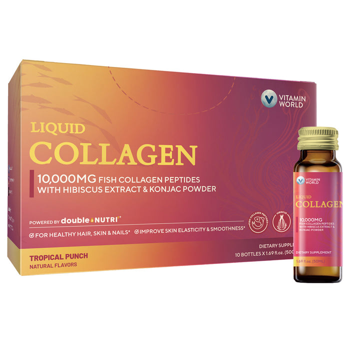 Vitamin World Crystal Clear Liquid Fish Collagen 10,000 mg, front of box, alternate view