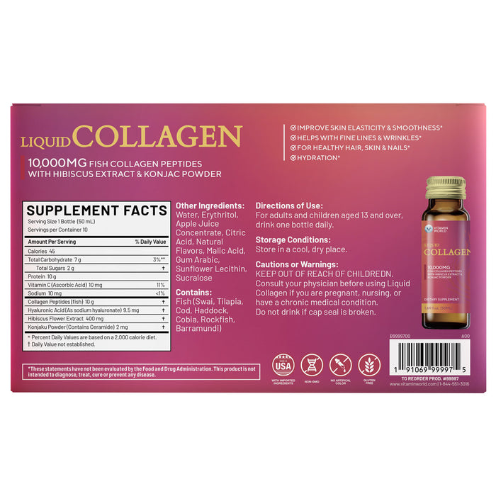 Vitamin World Crystal Clear Liquid Fish Collagen 10,000 mg supplement facts label