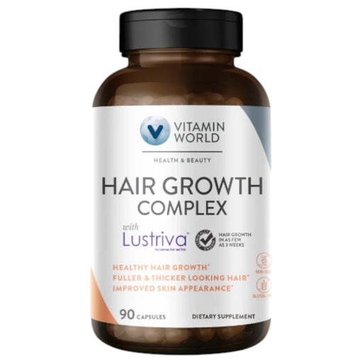 Vitamin World Hair Growth Complex with Lustriva, 90 capsules, front of bottle