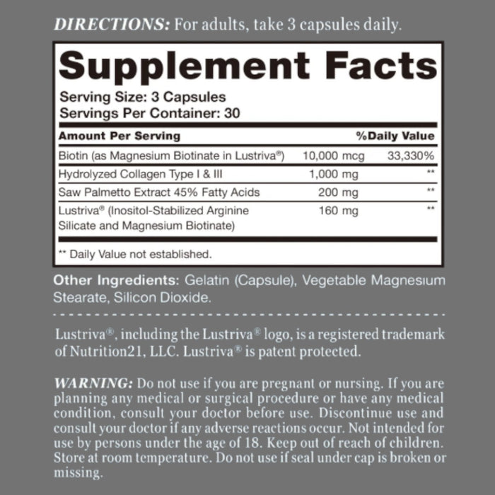 Vitamin World Hair Growth Complex with Lustriva 90 capsules supplement facts label