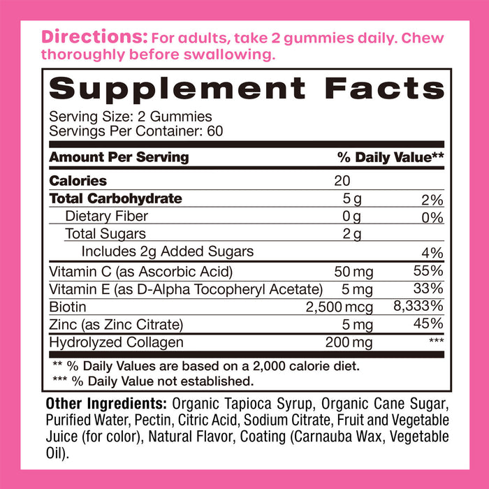 Vitamin World Hair, Skin & Nail Gummies with Biotin & Collagen 120 gummies supplement facts label