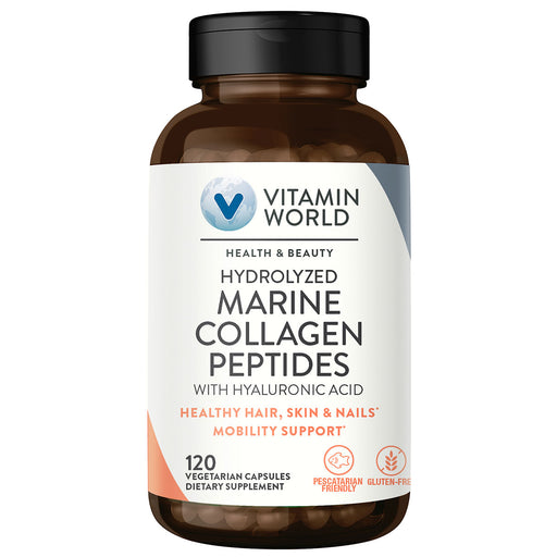 Vitamin World Hydrolyzed Marine Collagen Peptides with Hyaluronic Acid, 120 capsules, front of bottle