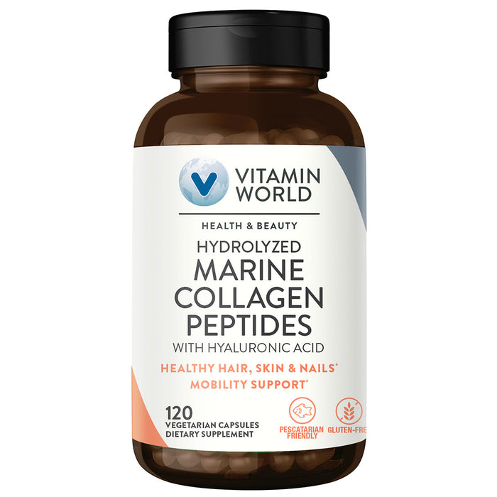Vitamin World Hydrolyzed Marine Collagen Peptides with Hyaluronic Acid, 120 capsules, front of bottle