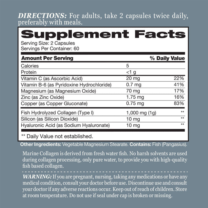 Vitamin World Hydrolyzed Marine Collagen Peptides with Hyaluronic Acid 120 capsules supplement facts label