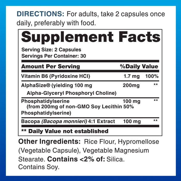 Vitamin World NeuroClear Memory & Focus 60 capsules supplement facts label