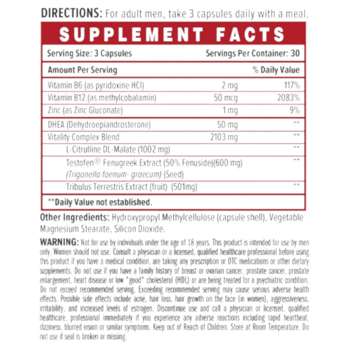 Vitamin World Testosterone Support 90 capsules supplement facts label