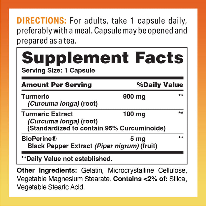 Vitamin World Turmeric Curcumin 1000 mg with BioPerine 60 capsules supplement facts label