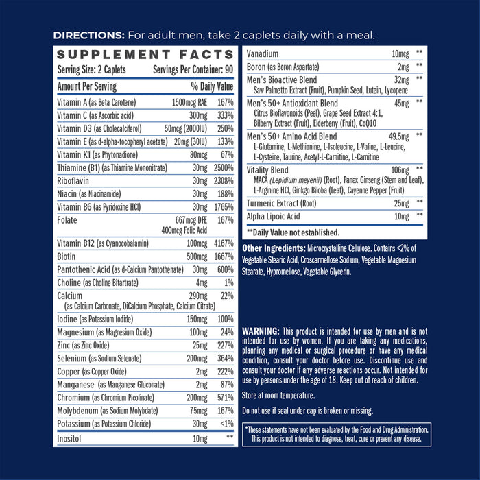 Vitamin World ULTRA 360 Men's 50+ Multi 180 caplets supplement facts label