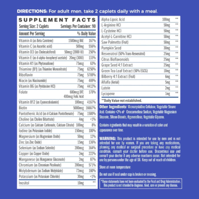 Vitamin World ULTRA 360 Men's Multi Max 180 caplets supplement facts label