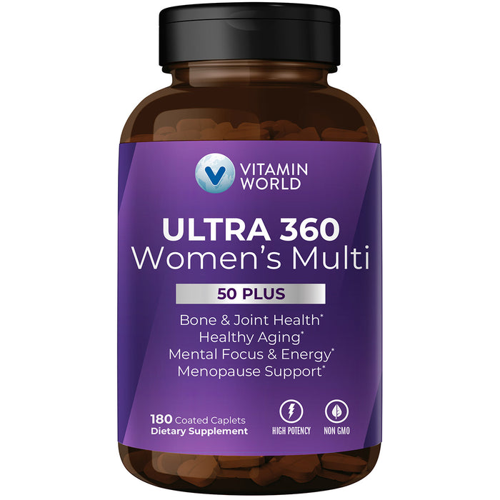 Vitamin World ULTRA 360 Women's 50+ Multi, 180 caplets, front of bottle
