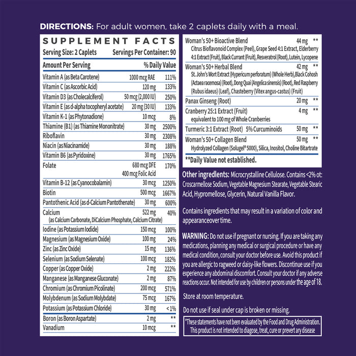 Vitamin World ULTRA 360 Women's 50+ Multi 180 caplets supplement facts label