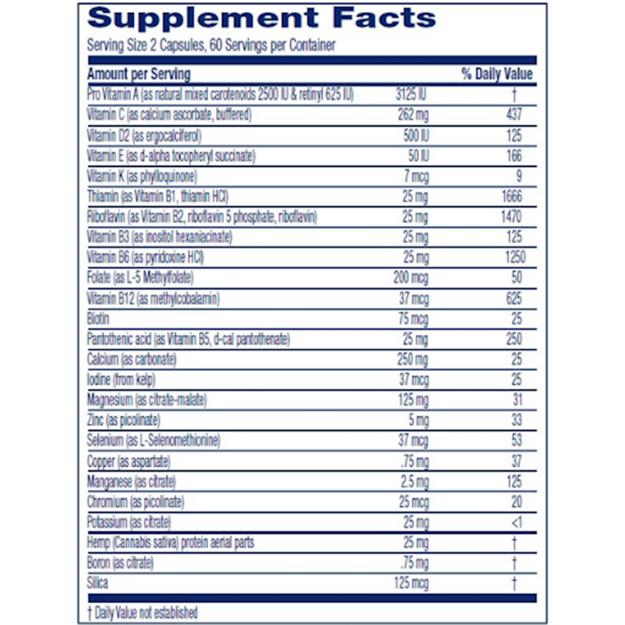 Supplement facts label with detailed nutritional information on a blue background