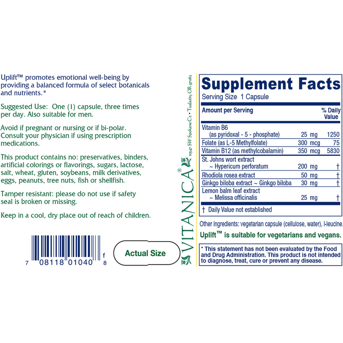 Vitanica Uplift 60 capsules suggested use and supplement facts full label