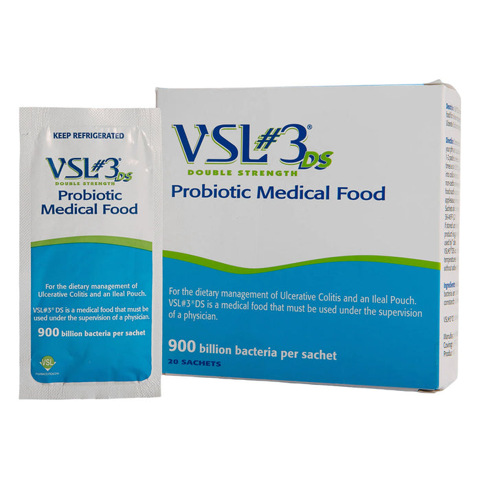 VSL#3 DS Probiotic Medical Food 900 Billion CFU Powder, 20 packets, front of box with packet