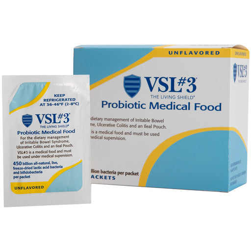VSL#3 Probiotic Medical Food 450 Billion CFU Powder, 30 packets, front of box with packet