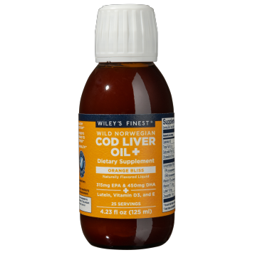 Bottle of Wiley's Finest Wild Norwegian Cod Liver Oil in Orange Bliss flavor.