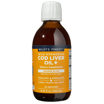 Bottle of Wiley's Finest Wild Norwegian Cod Liver Oil in Orange Bliss flavor.