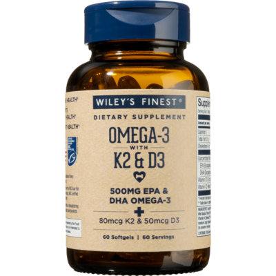 Wiley's Finest Omega-3 with K2 & D3, 60 softgels, front of bottle