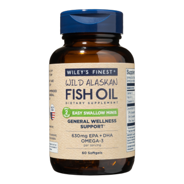 Wiley's Finest Wild Alaskan Fish Oil Easy Swallow Minis, 60 mini softgels, front of bottle