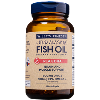 Wiley's Finest Wild Alaskan Peak DHA, 180 softgels, front of bottle