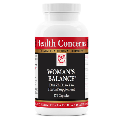 Health Concerns Woman's Balance herbal supplement bottle on a white background