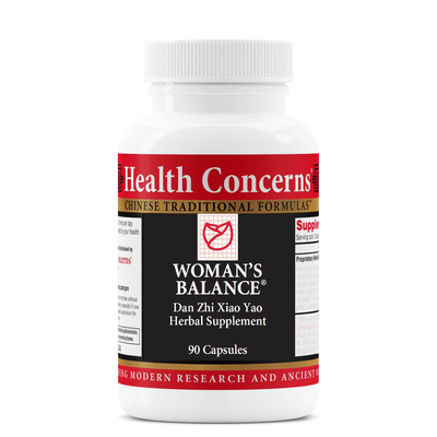 Health Concerns Woman's Balance herbal supplement bottle on a white background