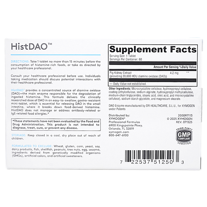 Xymogen's HistDAO 60 tablets supplement facts label