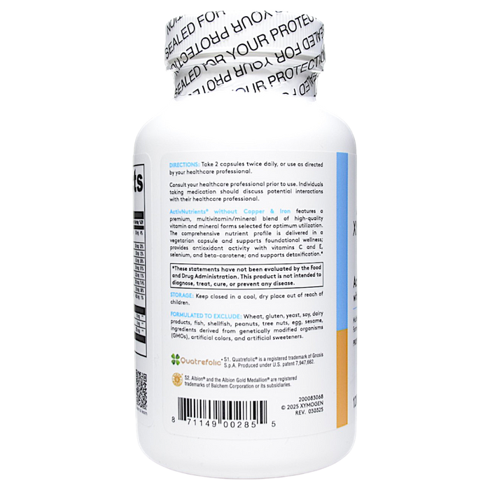 Xymogen ActivNutrients without Copper & Iron 120 capsules directions label
