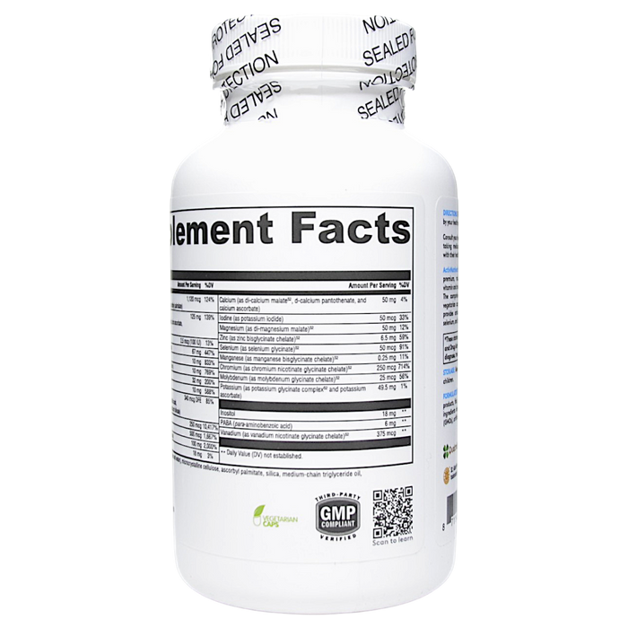 Xymogen ActivNutrients without Copper & Iron 120 capsules supplement facts label, continued
