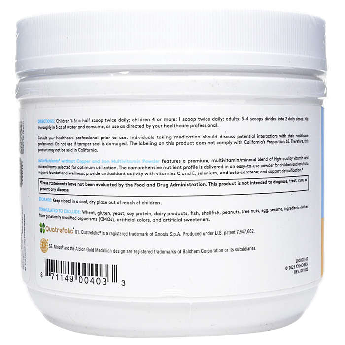 Xymogen ActivNutrients without Copper & Iron Multivitamin Powder Fruit Punch 60 servings directions label